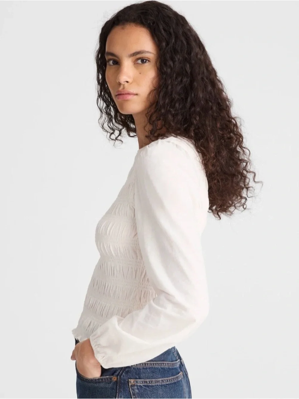 Madewell Ivory Smocked Boatneck Long-Sleeve Top